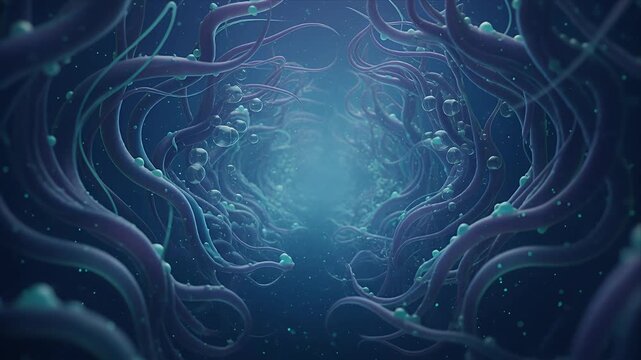 Abstract underwater tunnel with curling organic tentacle and seaweed shape, glowing blue particle creating mysterious aquatic passage, surreal depth, immersive motion, imaginative digital art