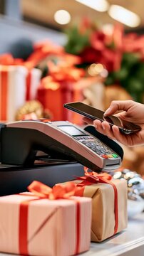 Vertical video-Contactless Christmas payment with smartphone at retail store