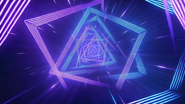 Neon Triangle Tunnel with Glowing Blue and Purple Light Lines, Futuristic Geometric Abstract Motion Background, Dynamic Energy, Deep Perspective, Digital Design