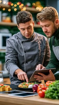 Vertical video-Chef and manager planning Christmas menu in modern kitchen
