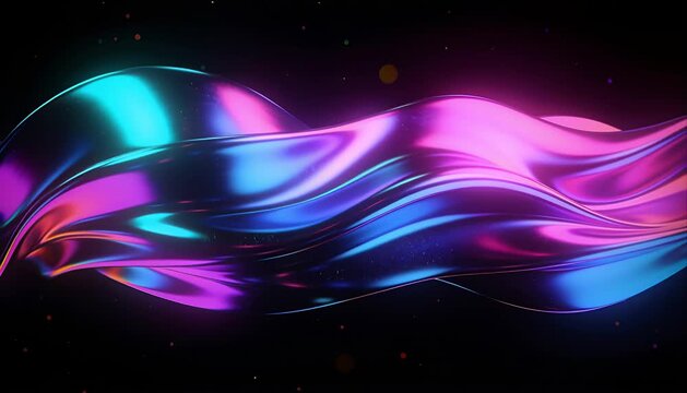 Abstract neon wave with flowing magenta, cyan, and blue light forms, metallic curves, luminous reflections, and dark background creating futuristic energy, motion, depth, and digital media design