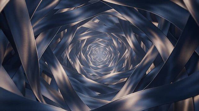 Abstract Metallic Spiral Tunnel with Layered Dark Blue Silver Ribbons, Futuristic Geometric Vortex, Hypnotic Reflective Depth, Dynamic Motion Background for Digital Design and Creative Visual Media