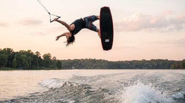 Athletic woman performing a spectacular backflip trick while wakeboarding on a lake at sunset