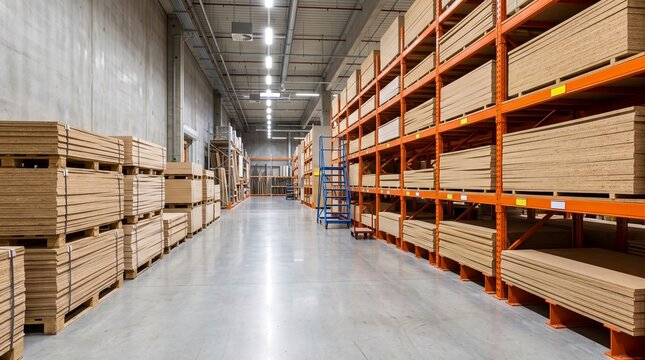 Rows of stacked wooden planks in a large industrial warehouse storage facility