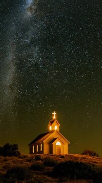 Vertical video-Small illuminated chapel under starry night sky
