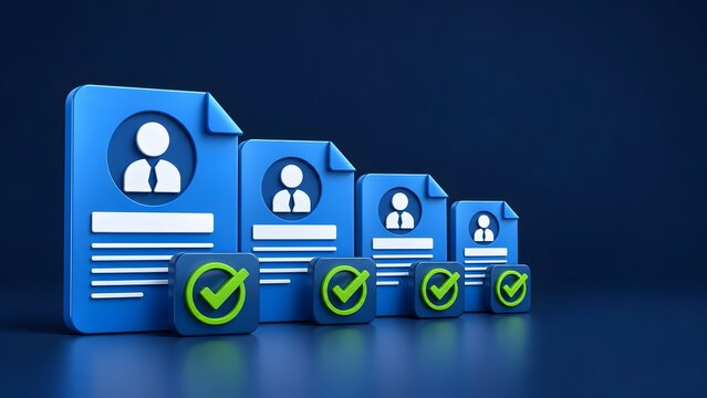 Blue digital resume documents with profile avatars and green checkmarks representing successful candidate screening