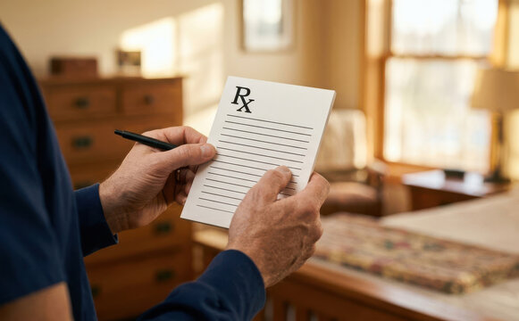 Doctor writing a medical prescription on a prescription pad in a clinic room for patient care and healthcare concept