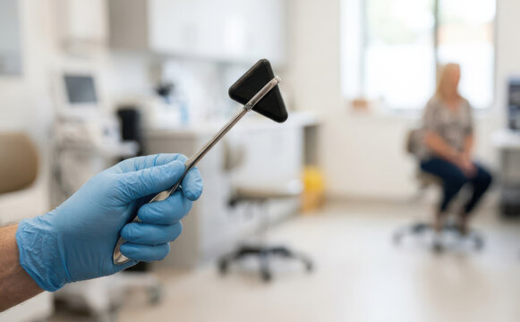 Neurologist holding reflex hammer in a modern medical clinic with a female patient sitting in the background
