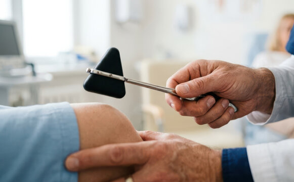 Elderly male doctor examining mature female patient knee with reflex hammer in clinic office
