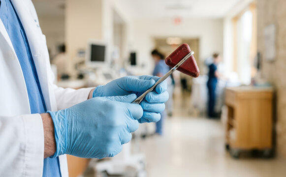Male doctor in white coat and blue gloves holding a neurological reflex hammer in a hospital hallway