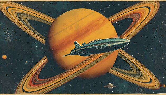 Spaceship flying past giant Saturn planet with massive rings in 1950s space age style