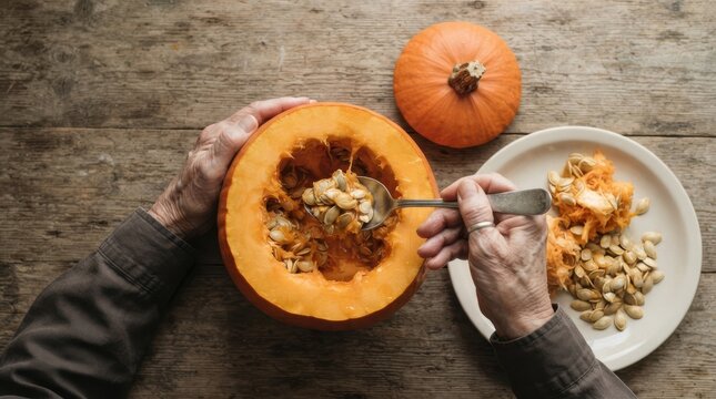 Senior caucasian woman scooping seeds out of a fresh pumpkin on a wooden table, autumn preparation concept