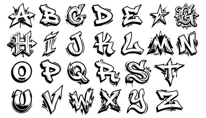 Fototapeta premium Graffiti alphabet illustration set with simple line art design featuring simple design, minimalist, black and white with illustrations and graphics