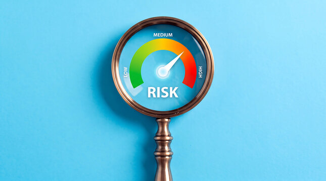 A magnifying glass focused on a risk gauge meter showing a needle pointing towards the orange medium section on a bright blue background