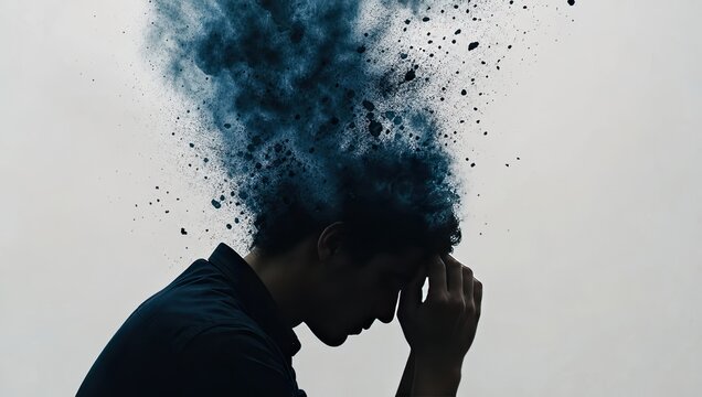 Man silhouette with head exploding into dark blue particles representing stress mental health issues and heavy psychological pressure on white background studio.