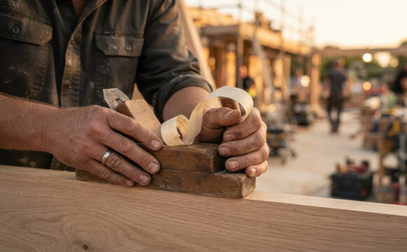 Skilled male carpenter shaping wood with a hand plane in a workshop, creating custom furniture and woodwork