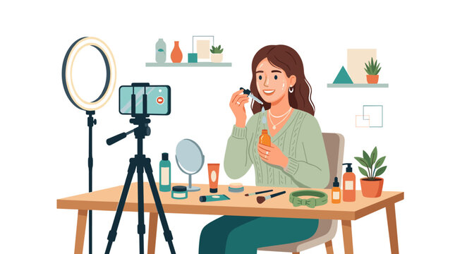Beauty Influencer Recording Tutorial: A woman records a makeup tutorial video on her smartphone, surrounded by beauty products and a ring light.
