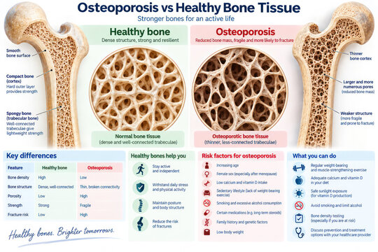 Osteoporosis vs Healthy Bone Tissue, Bone Density and Fracture Risk Infographic