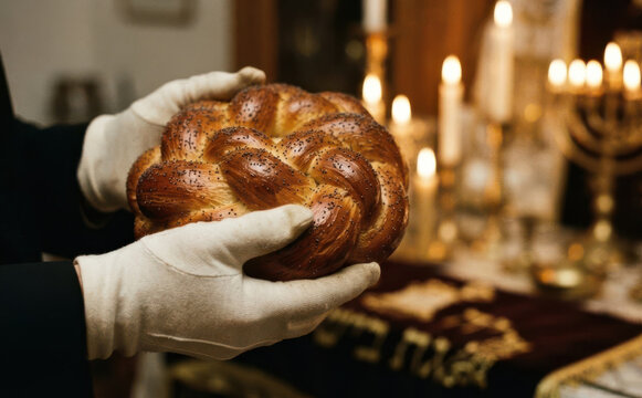 Person in white gloves holding a braided challah bread during Shabbat dinner with glowing candles