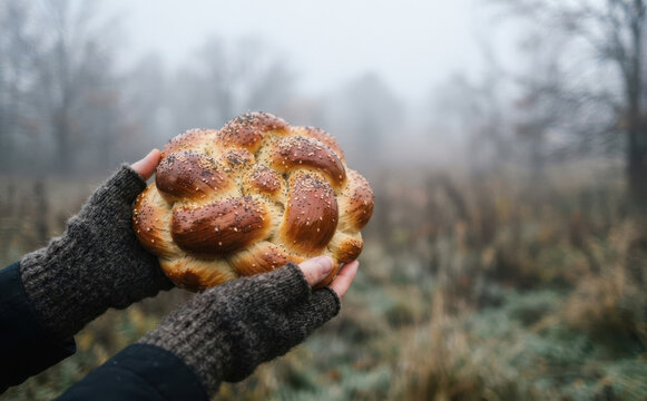 Person holding freshly baked round braided challah bread outdoors in a foggy autumn landscape
