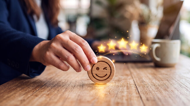 A woman in a business suit placing a wooden circle with a winking smiley face icon next to five glowing golden stars on a wooden desk surface