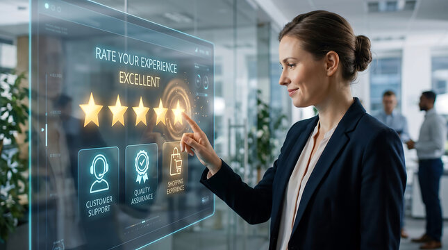 A woman in a business suit touching a transparent digital screen showing a five star rating system and customer experience feedback interface