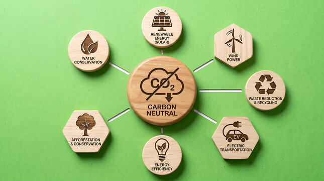 A wooden circular centerpiece labeled carbon neutral surrounded by hexagonal and circular wooden icons representing sustainable green energy solutions