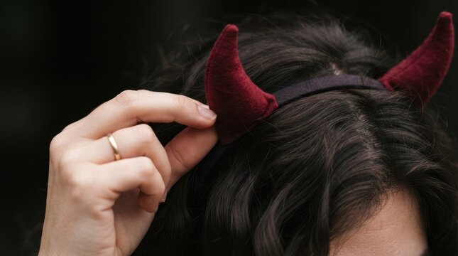 Woman wearing red devil horns headband for Halloween costume concept and spooky party theme