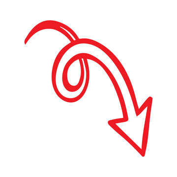 Red Hand Drawn Curved Arrow with Loop and Tail, Doodle Style Directional Symbol for Business Presentations and Creative Designs on Transparent Background