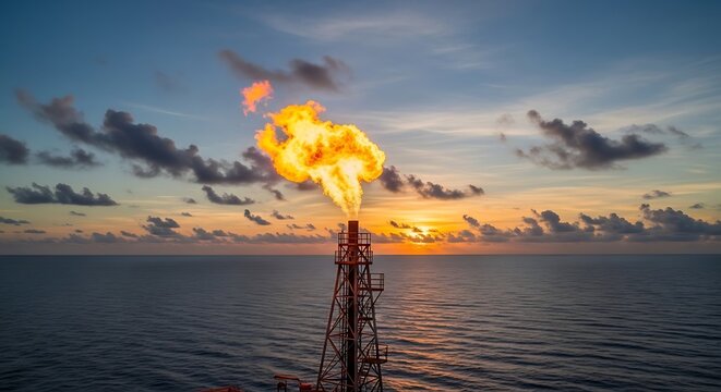 Offshore Oil Rig Flare at Sunset Over Ocean.