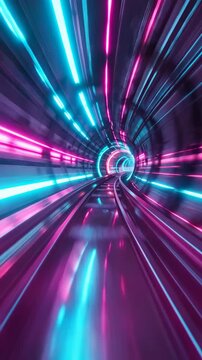 Glowing rail tunnel surrounds twin tracks as viewpoint moves rapidly forward through magenta and cyan rings, reflective walls, vivid light streaks, and deep curved perspective