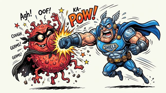 Superhero punching a red virus character