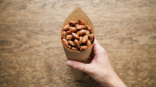 A hand holding a paper cone filled with sweet roasted glazed almonds on a rustic wooden background for snack concept