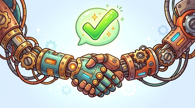Two robotic arms shaking hands with checkmark bubble