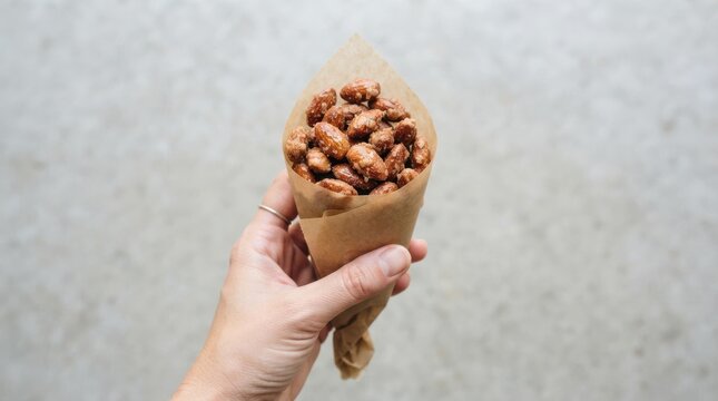 A person holding a paper cone filled with sweet roasted almonds as a tasty street food snack