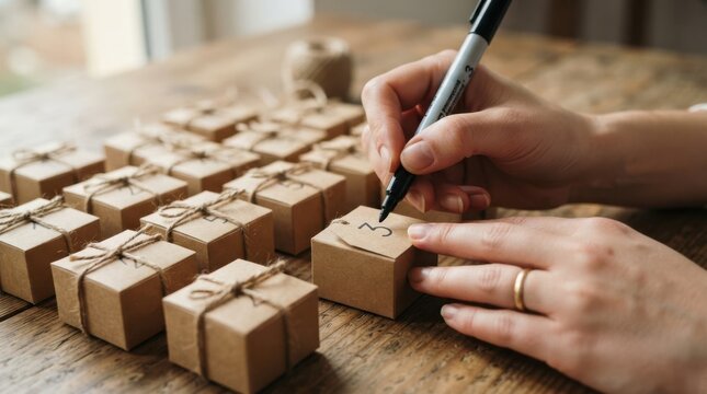 Woman writing number on small advent calendar gift box crafting at wooden table