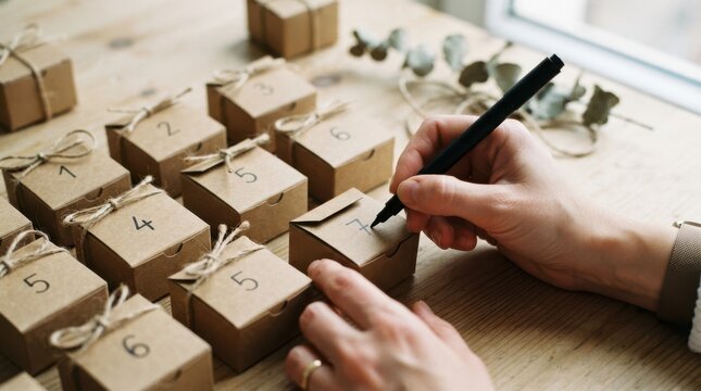 Woman writing numbers on handmade advent calendar gift boxes on wooden table for holiday season