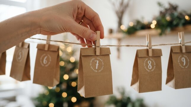 Hand hanging craft paper advent calendar bags with numbers for Christmas holiday countdown