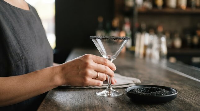Female bartender preparing a cocktail glass with black rim salt at a wooden bar counter in a pub