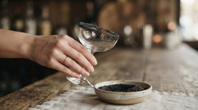 Bartender rimming a cocktail glass with black salt for a modern and stylish beverage preparation