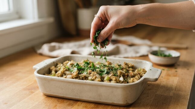 Woman garnishing homemade stuffing in a baking dish with fresh herbs in a cozy kitchen