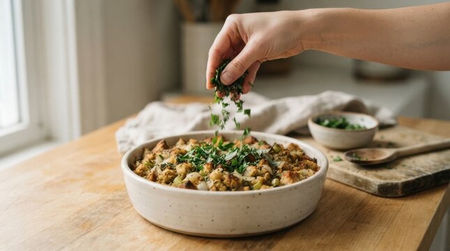 Woman garnishing homemade bread stuffing with fresh parsley in a kitchen