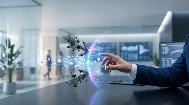 Businessman Interacting with Futuristic Digital Shield Protecting Data from Debris in Modern Office