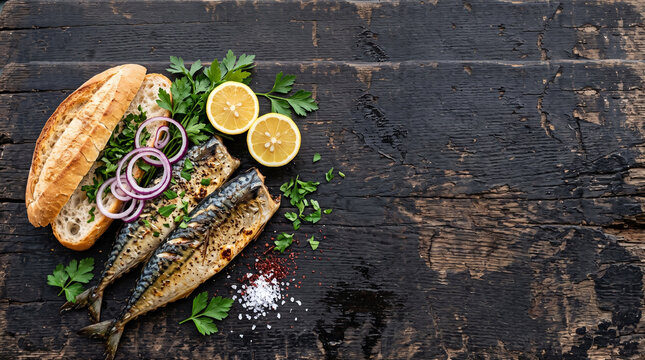 Top down view of Turkish grilled mackerel sandwich Balik Ekmek on dock wood