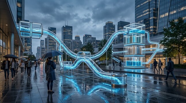 Futuristic urban water management system with glowing blue pipes and people walking in the rain