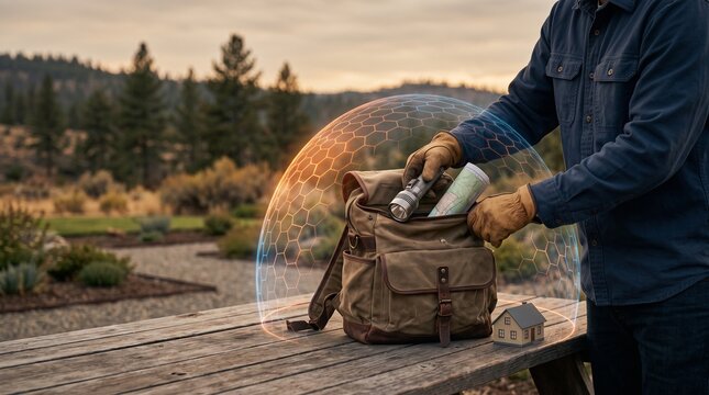 Man packing survival gear in backpack with protective shield and house icon symbolizing home security and preparedness
