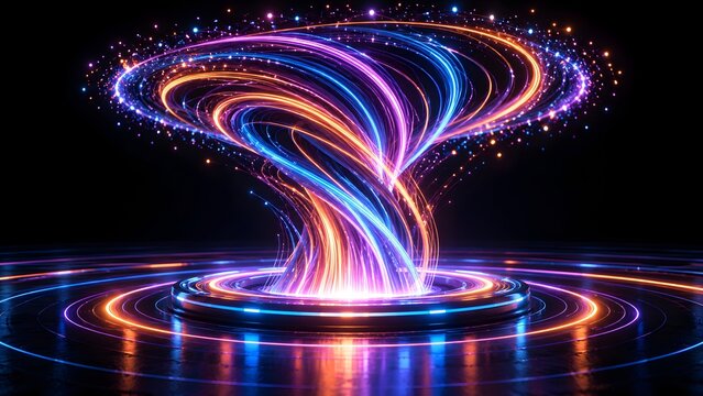 Swirling vortex of glowing neon light trails on reflective metallic base representing high speed digital transfer