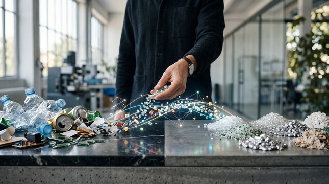 Recycling process transformation of waste materials into new resources with digital network visualization