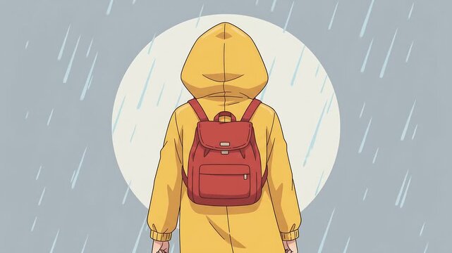 Anime character in yellow raincoat with hood up seen from behind, falling rain streaks, soft gray blue background, seamless loop 2D cel animation, calm rainy day retro lo-fi look, faceless
