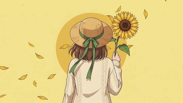 Anime girl in straw sun hat from behind carrying tall sunflower on her shoulder, drifting yellow petals, lemon yellow background, seamless loop 2D cel animation, cheerful retro lo-fi summer look